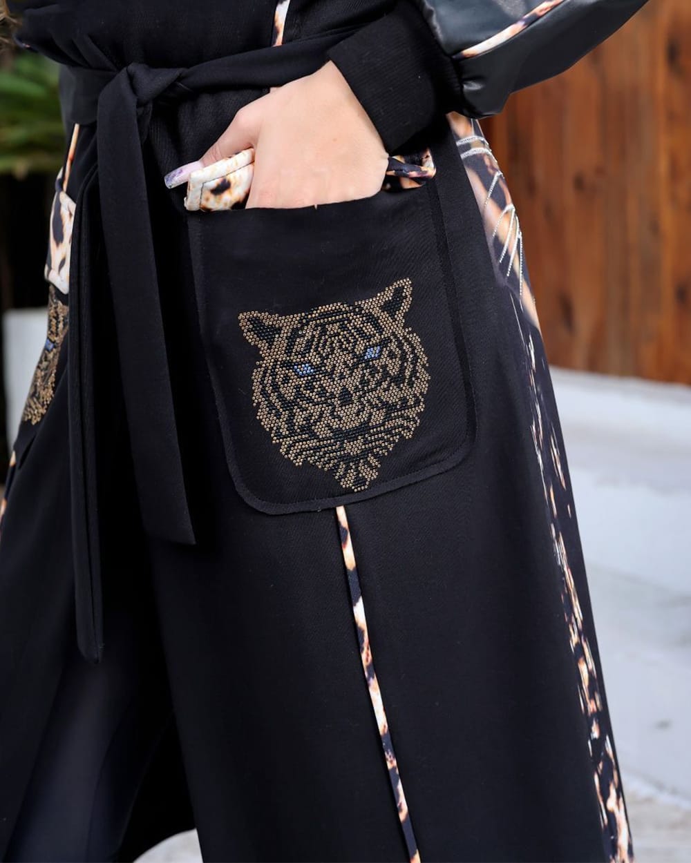 Black Longline Coat with Faux Leather & Animal Print Accents