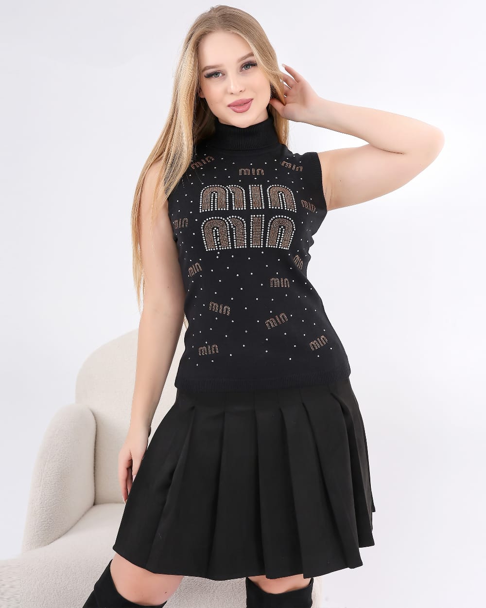 Sleeveless High Neck Knit Top with Studded Logo