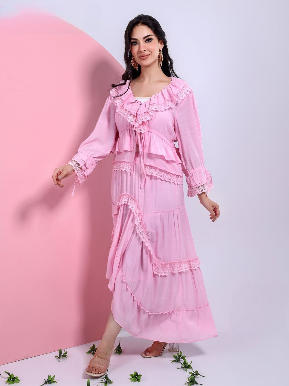 A plain suit with delicate guipure lace details.