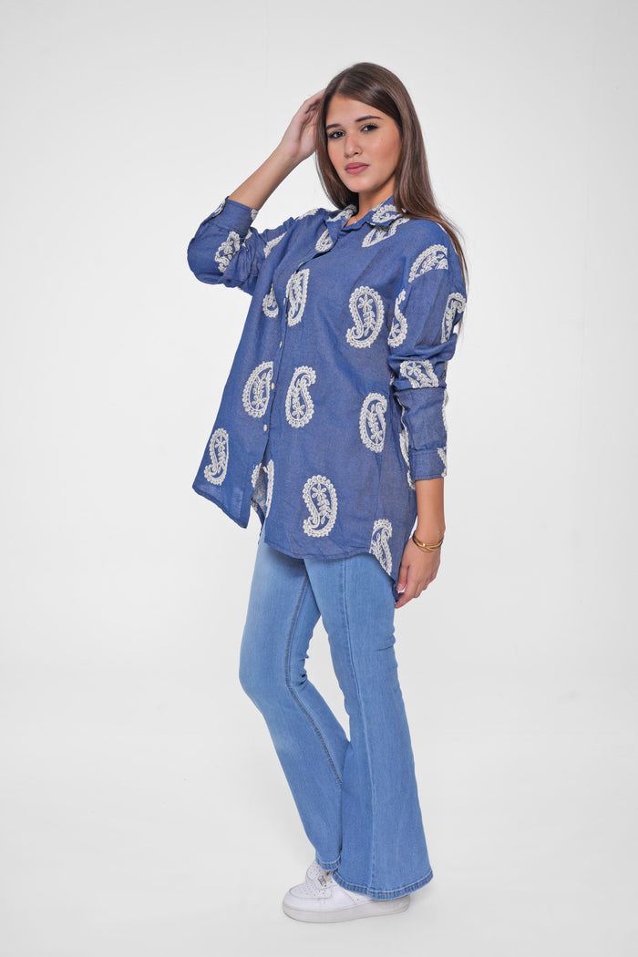 Make every day stylish with the Embroidered Long Denim Shirt