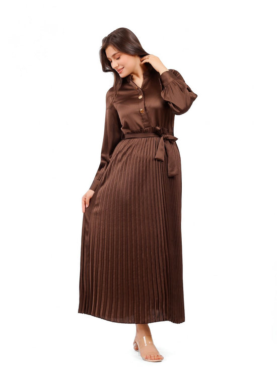 Pleated Satin Long-Sleeve Maxi Dress
