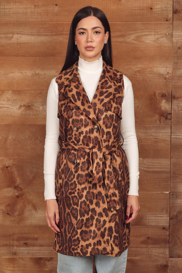 Leopard Print Sleeveless Long Vest