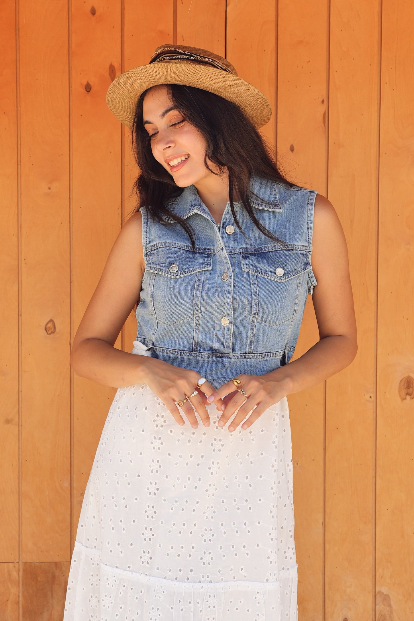 Denim Bodice Eyelet Maxi Dress