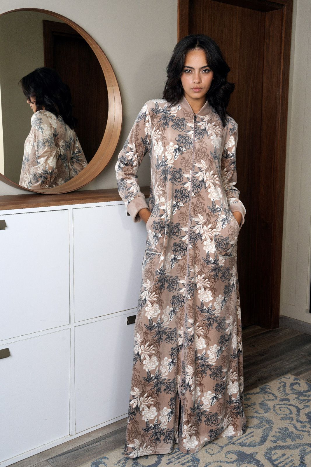 Velvet Floral Printed Long Home Dress – cafe