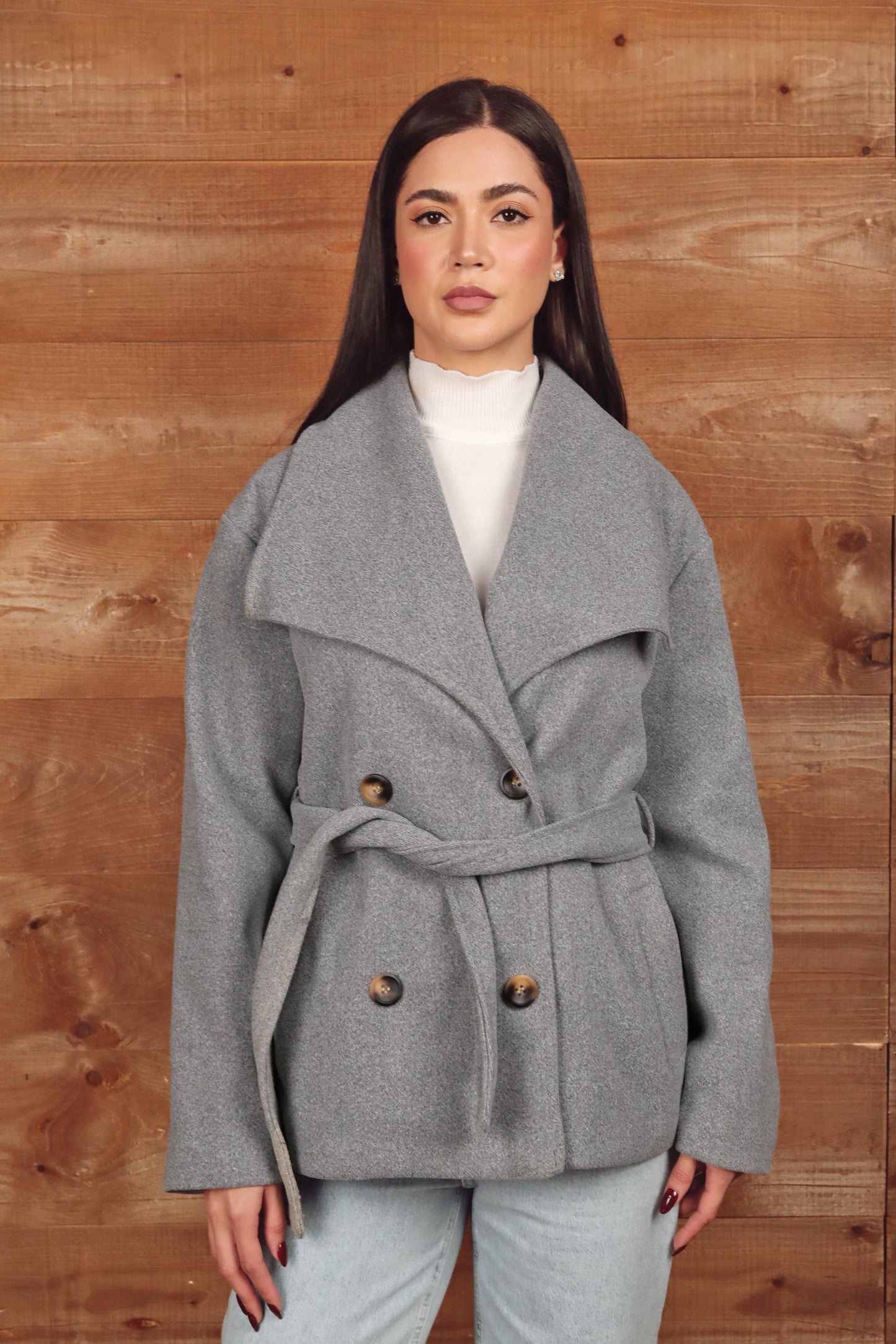 Double-Breasted Belted Grey Coat