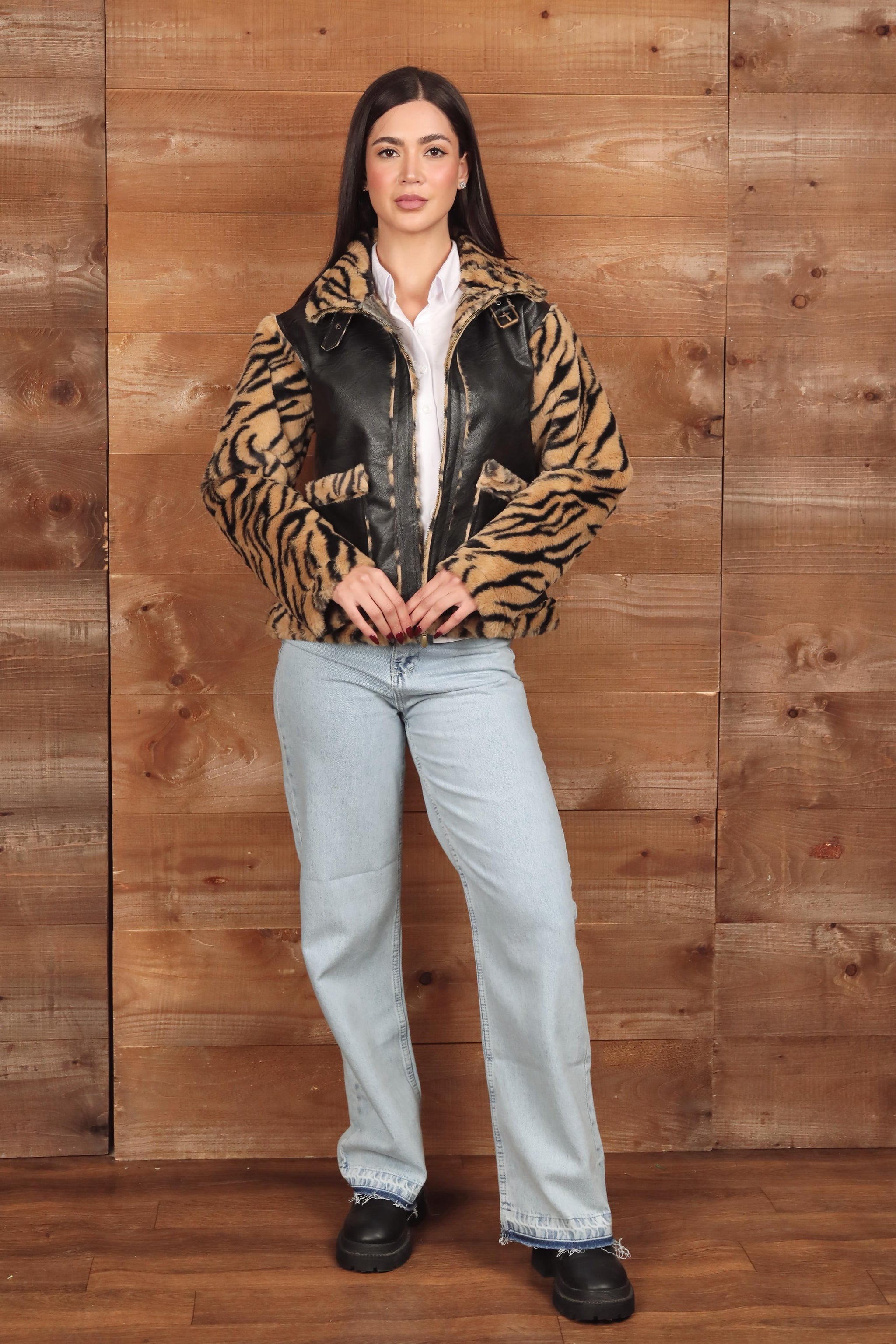 Tiger Print Faux Fur &  Leather Jacket