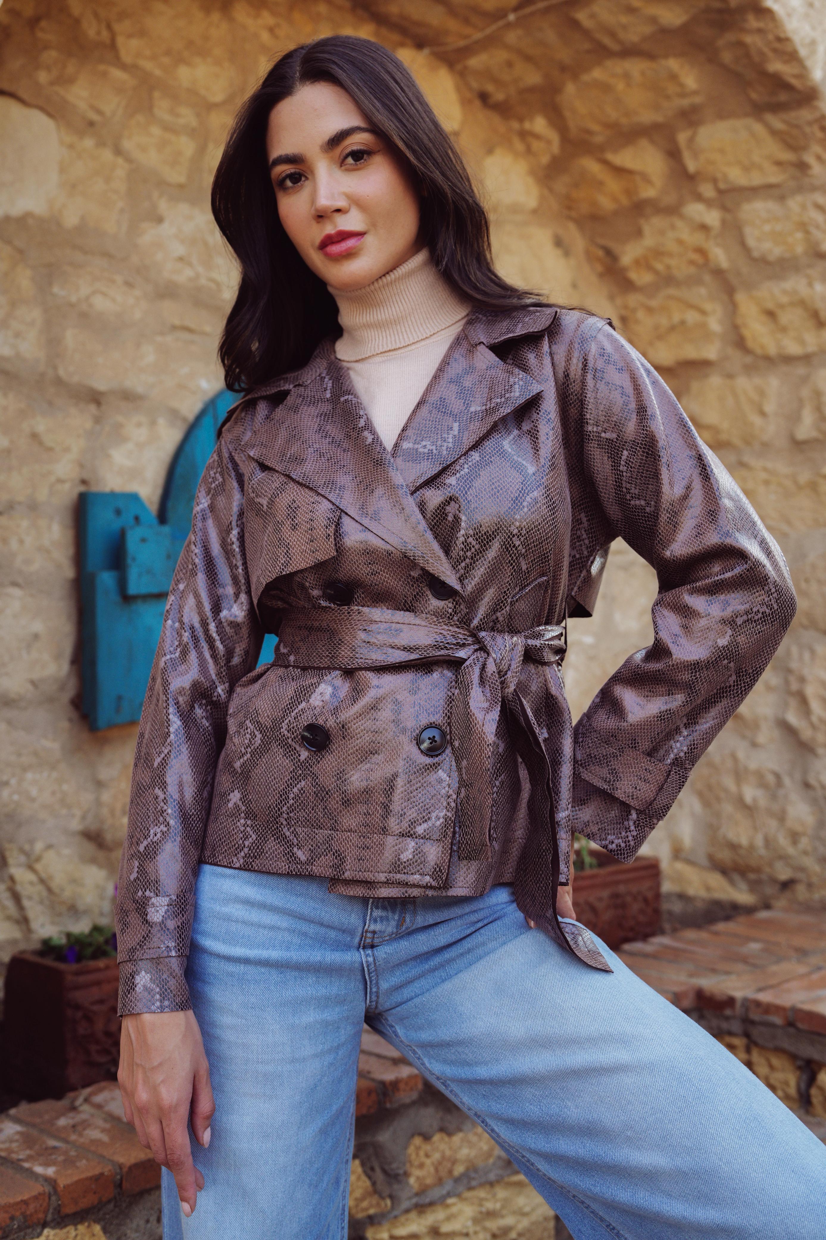 Snake-Print Faux Leather Belted Jacket