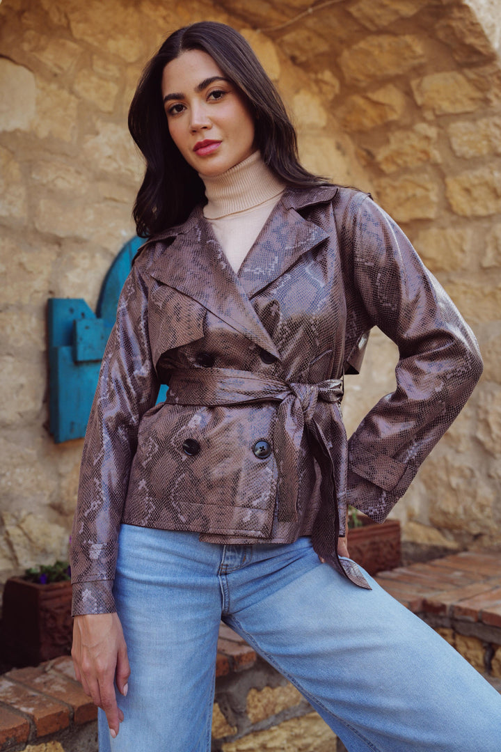 Snake-Print Faux Leather Belted Jacket