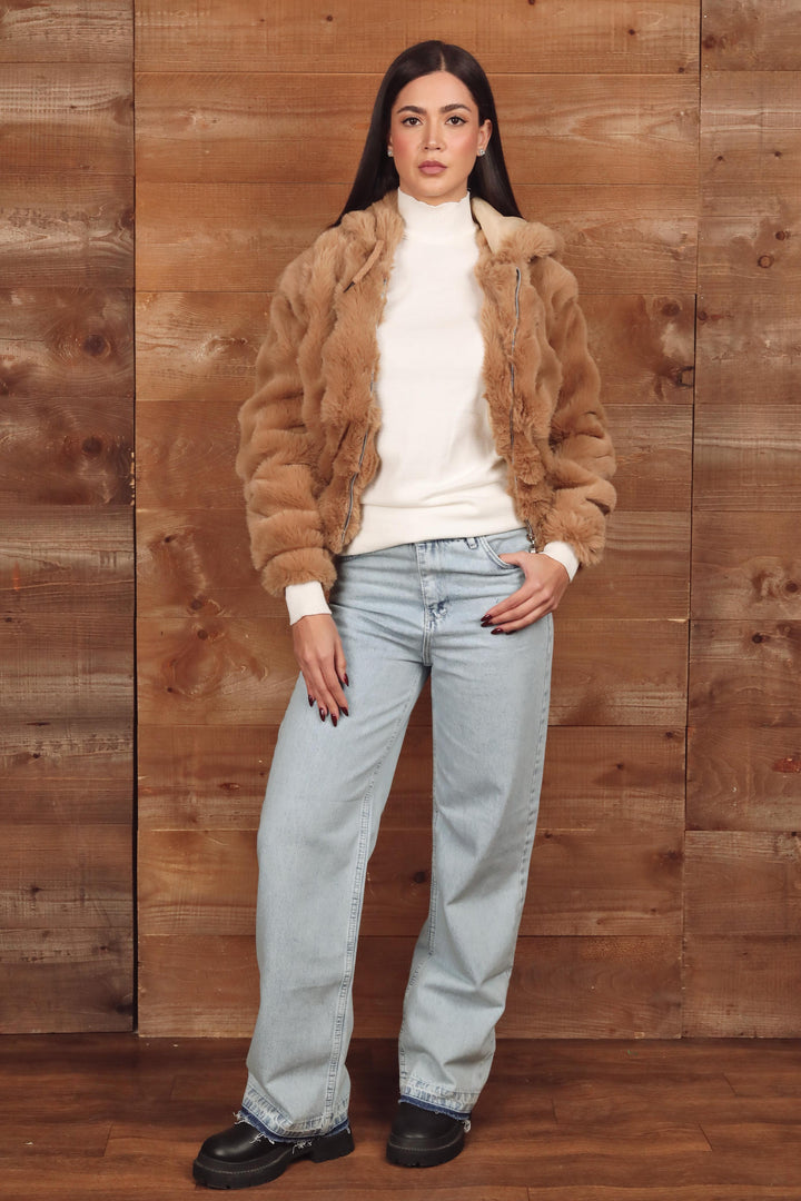 Short Hooded Faux Fur Jacket