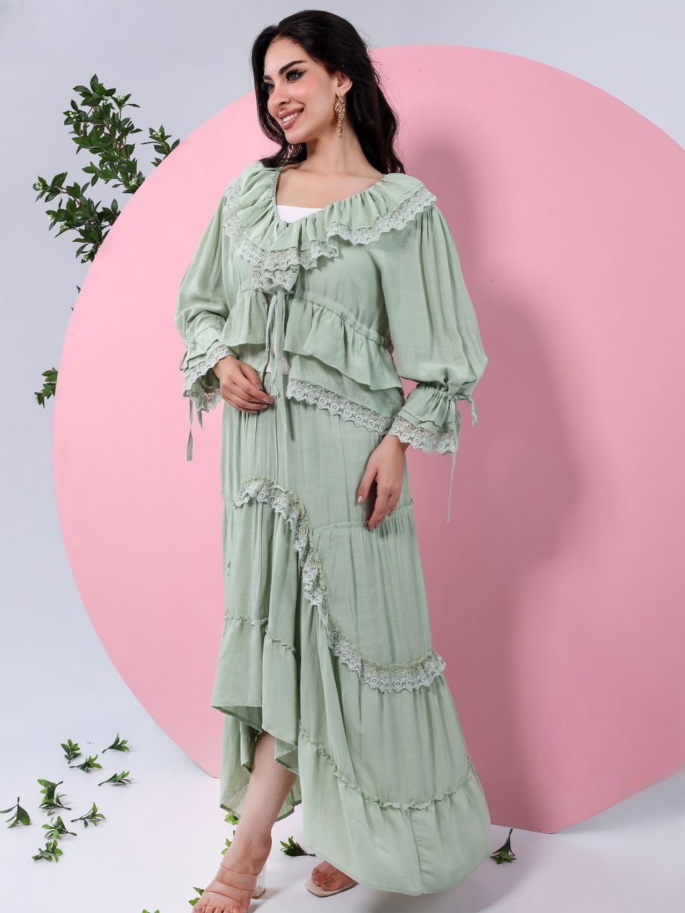 A plain suit with delicate guipure lace details.