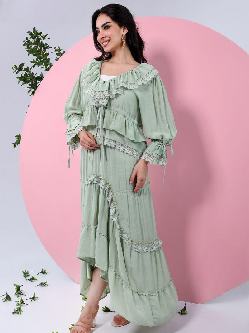 A plain suit with delicate guipure lace details.