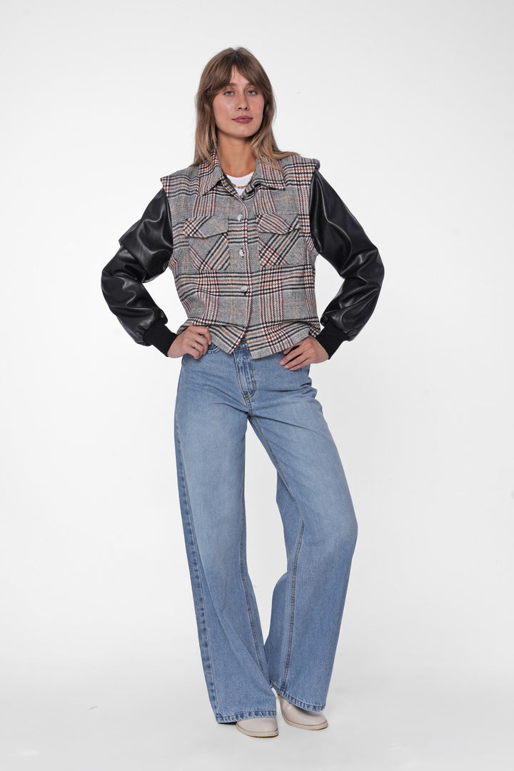 Plaid & Leather Mix Jacket