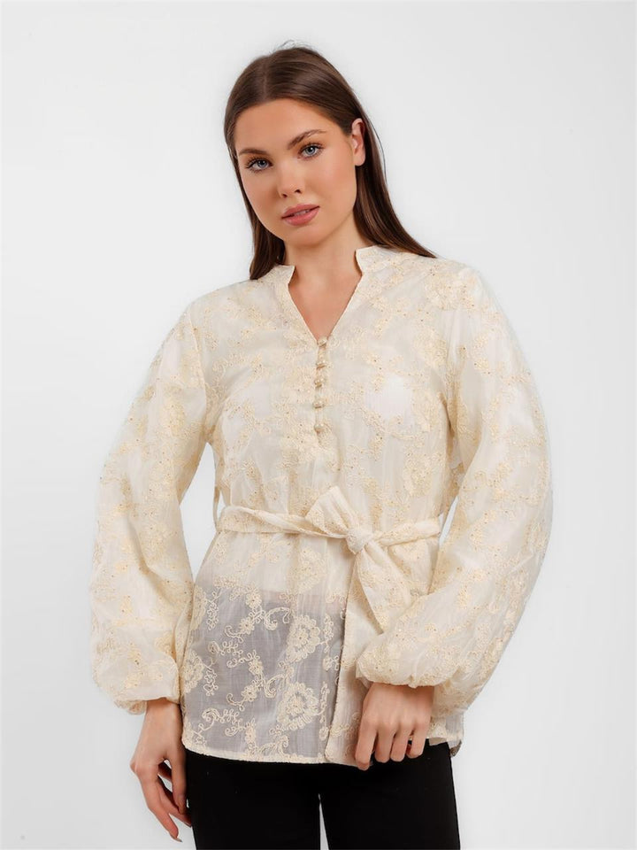 Embroidered Tie Waist Blouse