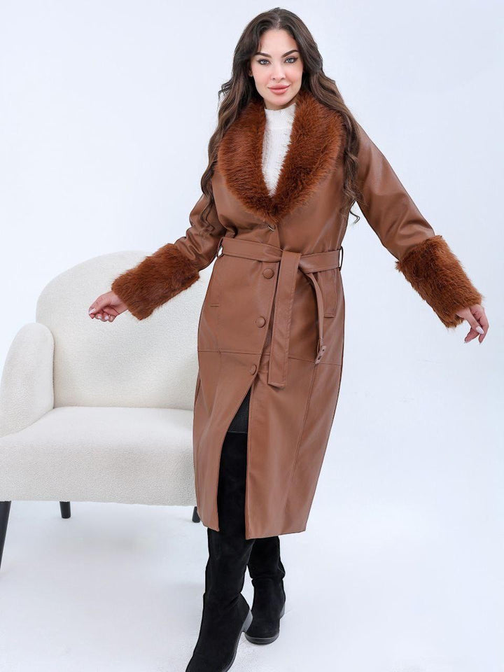Faux Leather Coat with Fur Collar
