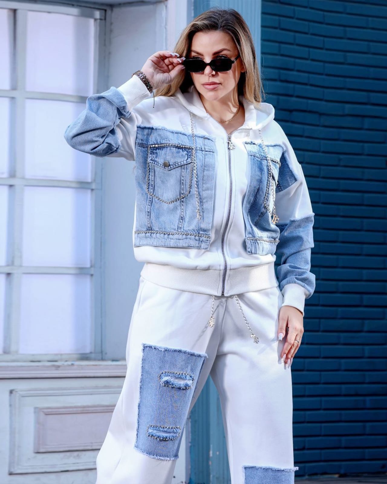 Denim Patchwork Tracksuit Set