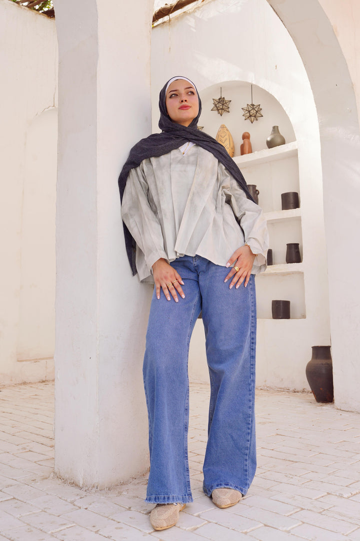 Oversized Patterned V-Neck Blouse