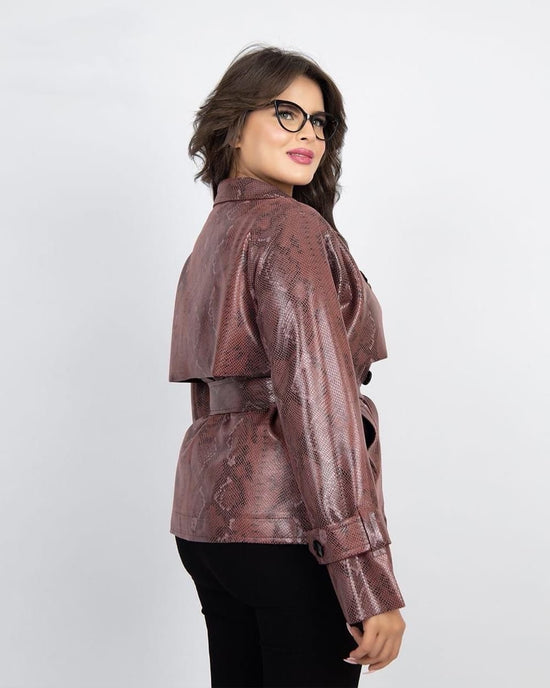 Snake-Print Faux Leather Belted Jacket