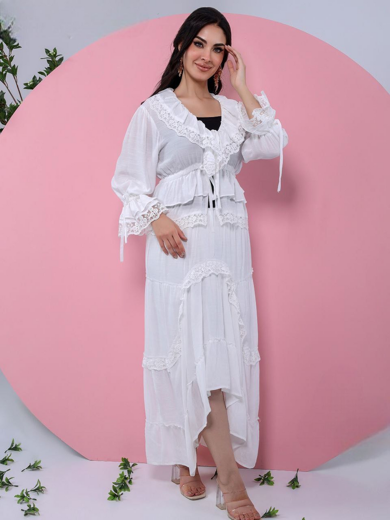 A plain suit with delicate guipure lace details.