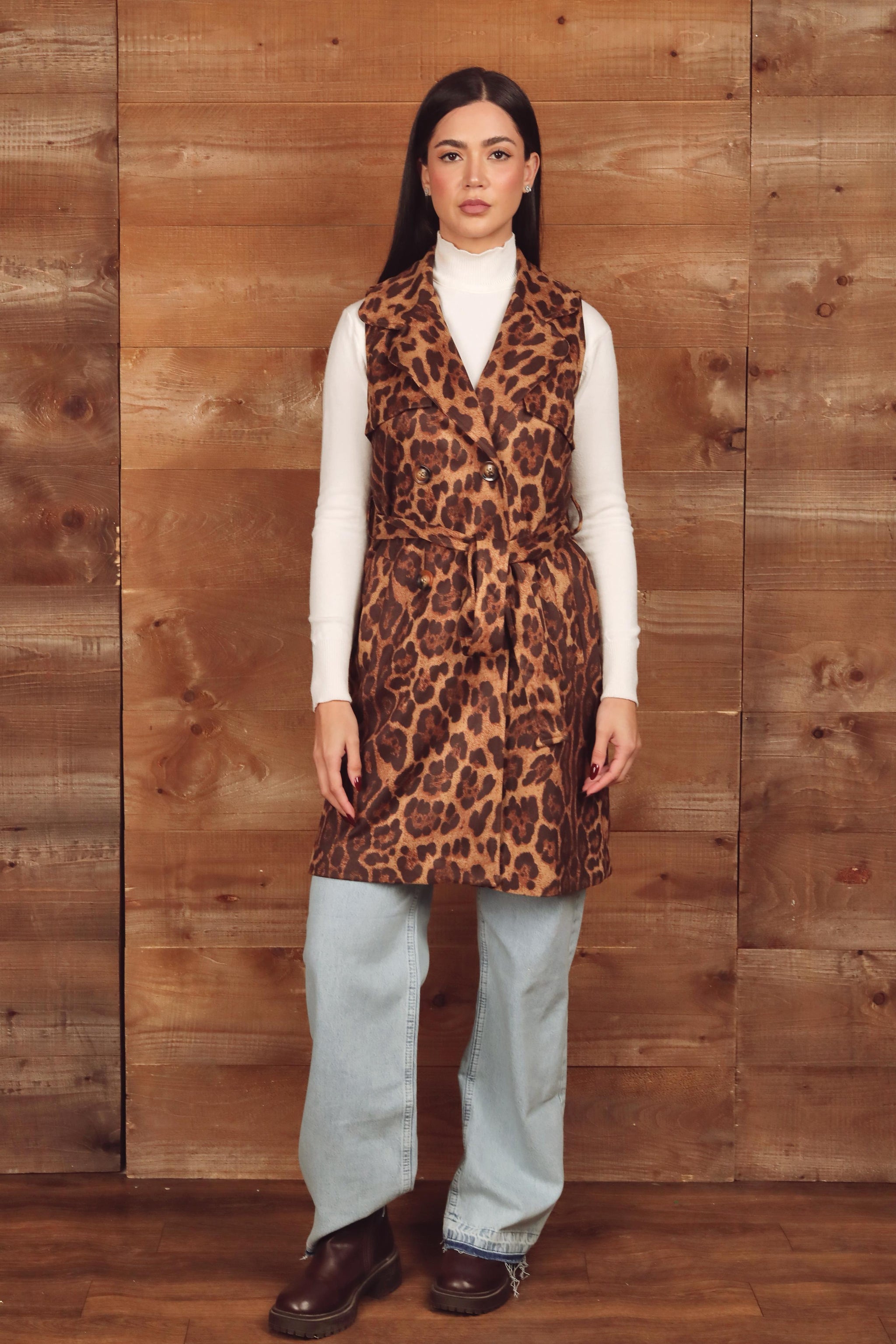 Leopard Print Sleeveless Long Vest