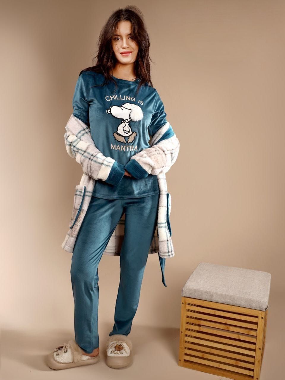 Teal Velvet Pajama Set with Checked Robe