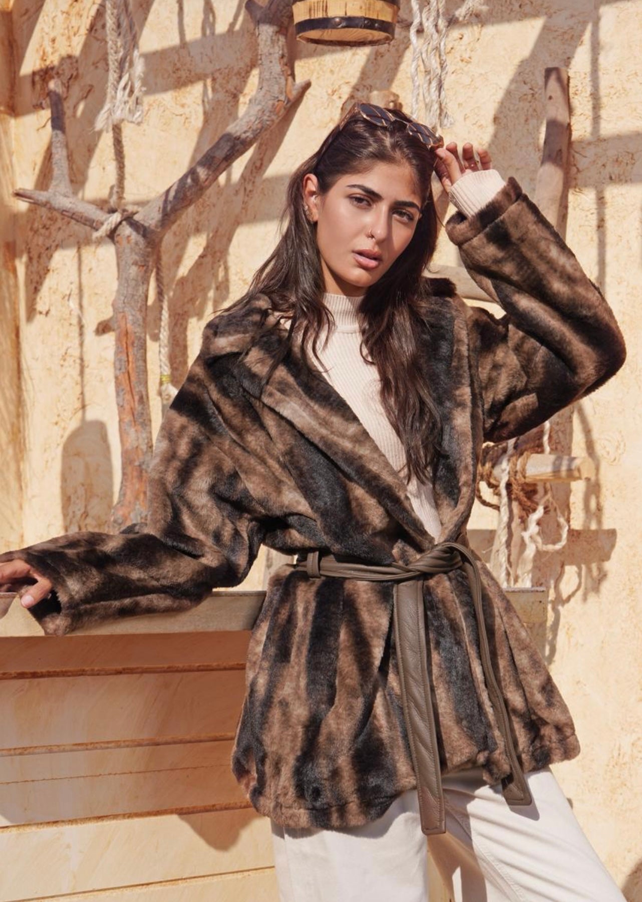 Brown Faux Fur Belted Coat