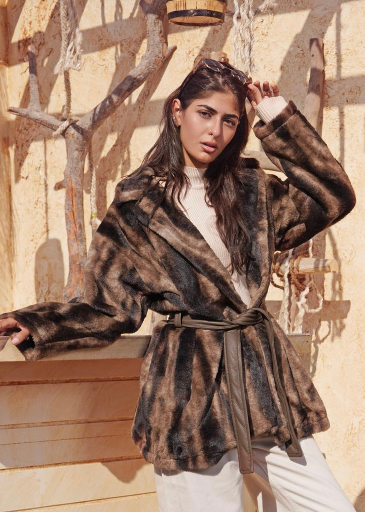 Brown Faux Fur Belted Coat