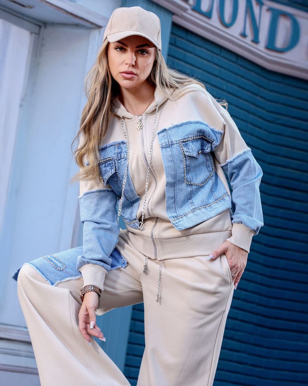 Denim Patchwork Tracksuit Set