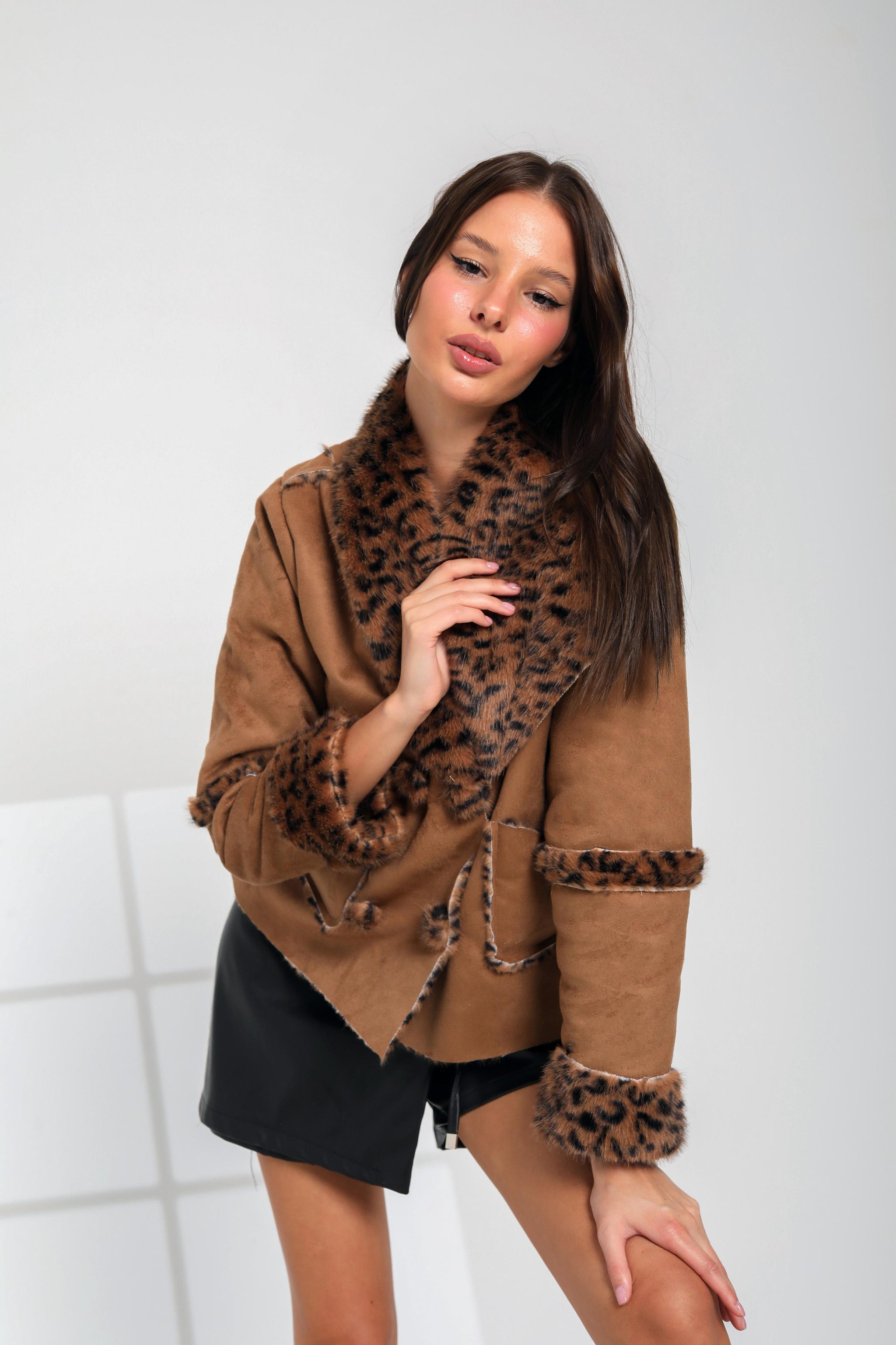 Faux Suede Leopard-Trim Winter Jacket