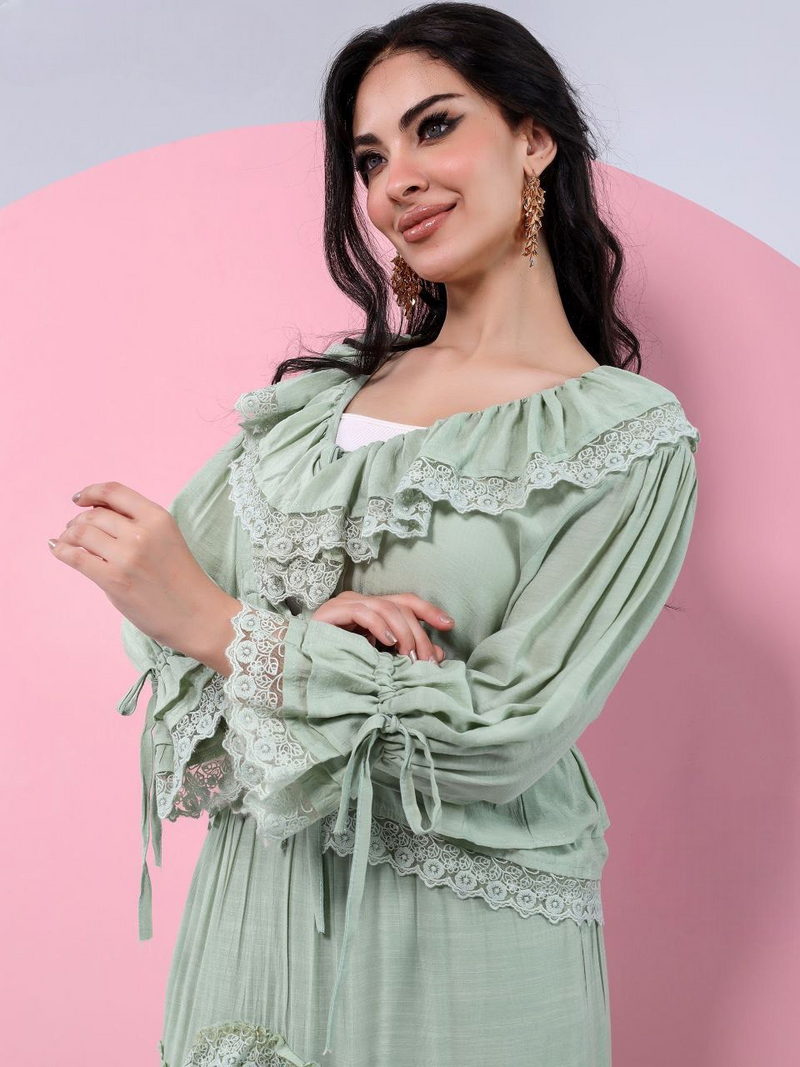 A plain suit with delicate guipure lace details.