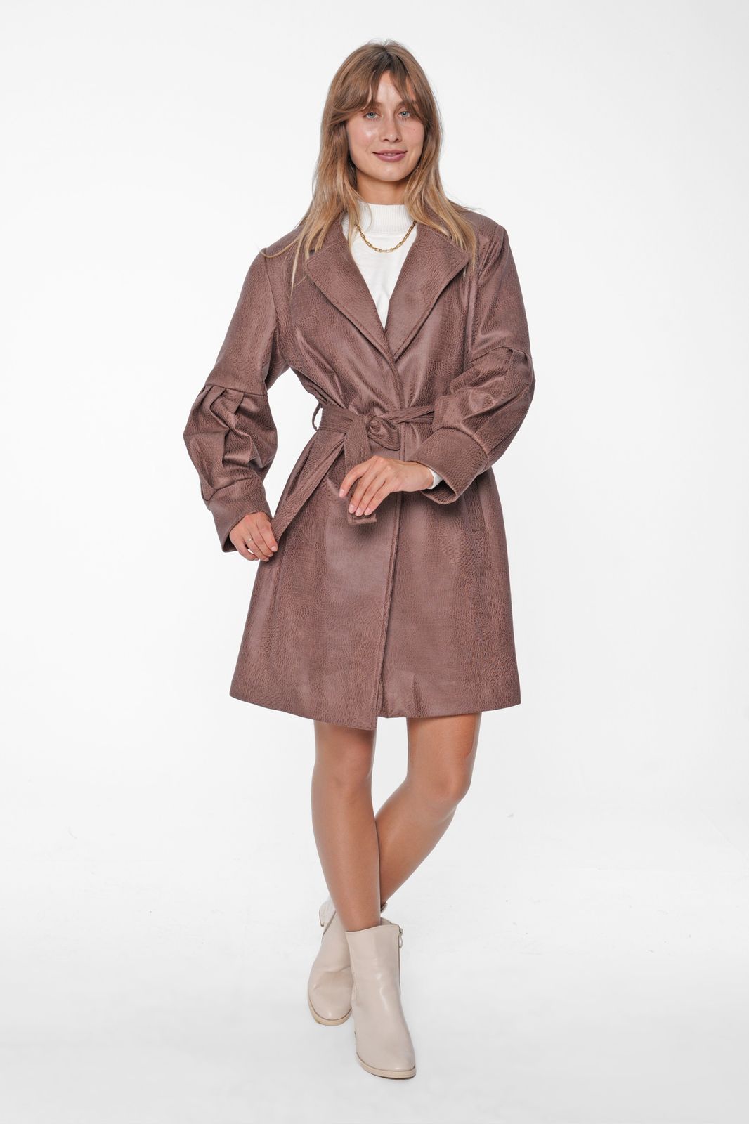 Faux Leather Belted Coat