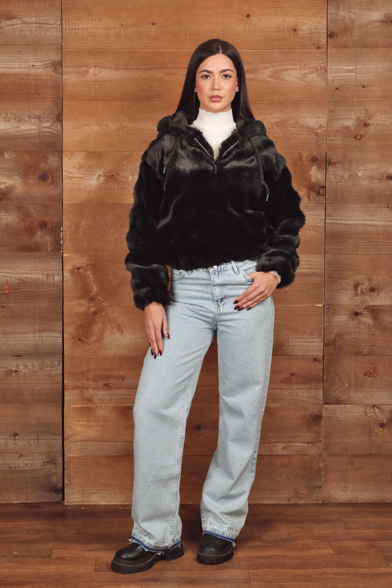 Short Hooded Faux Fur Jacket