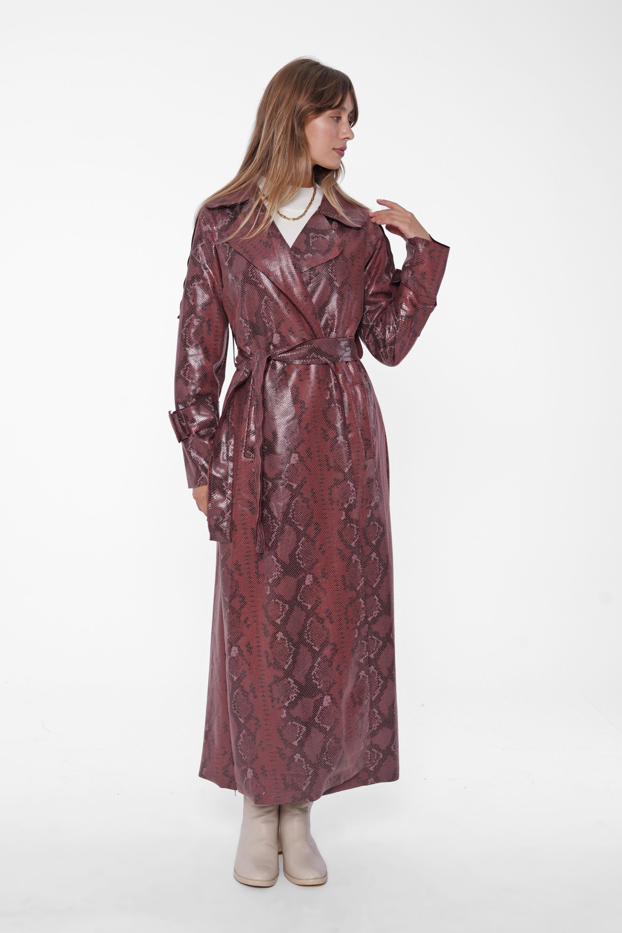 Snakeskin Faux Leather Trench Coat