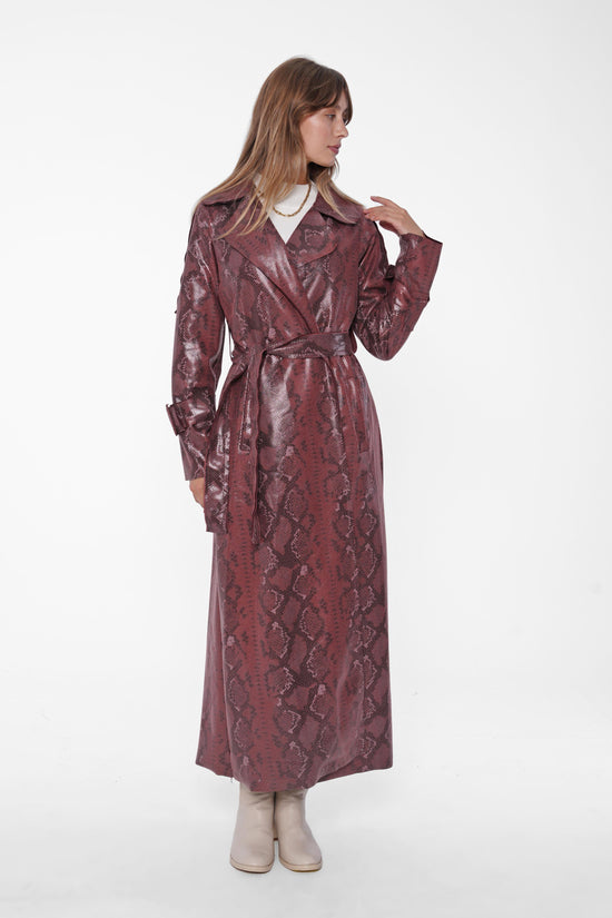 Snakeskin Faux Leather Trench Coat