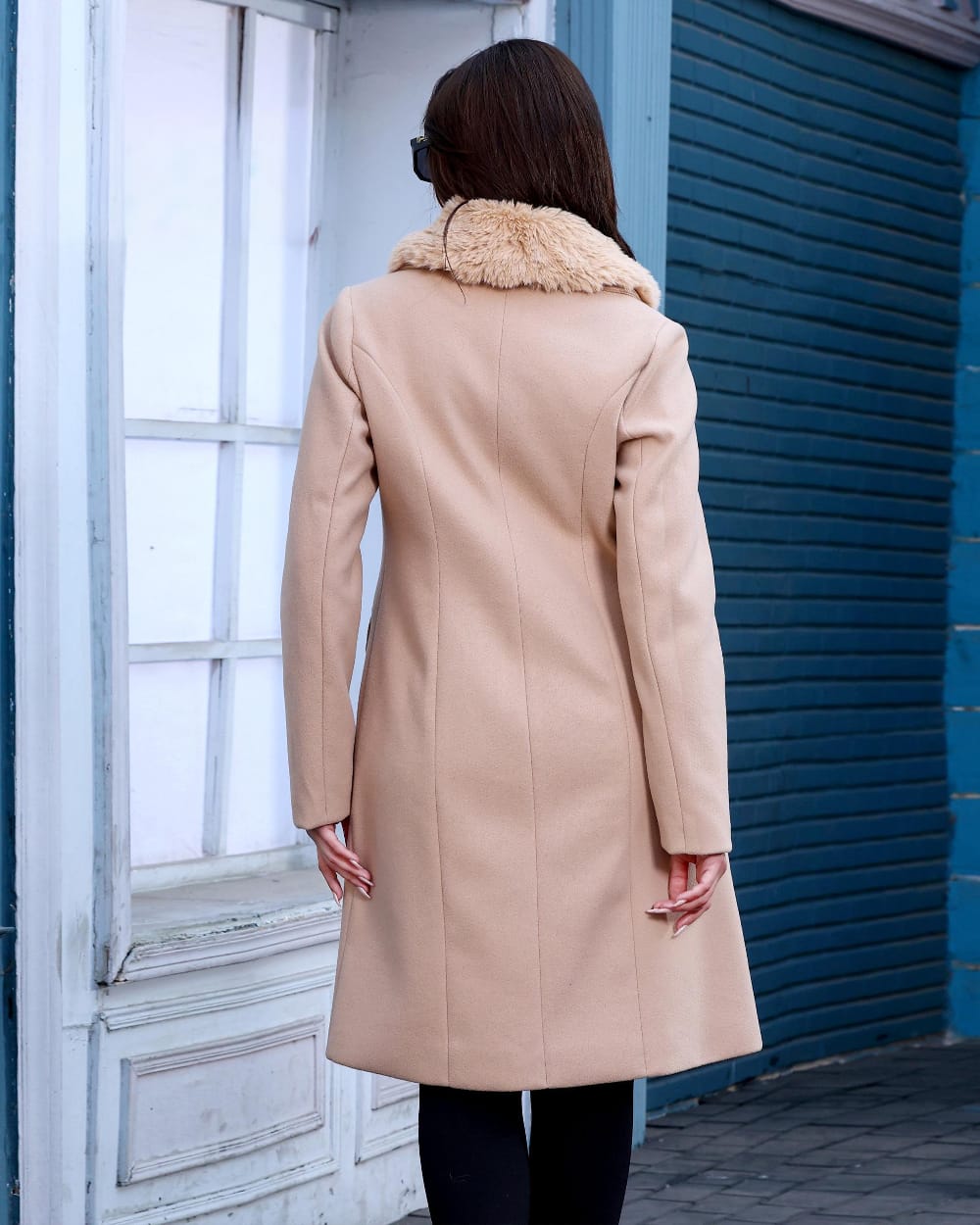 Long Wool Coat with Faux Fur Collar