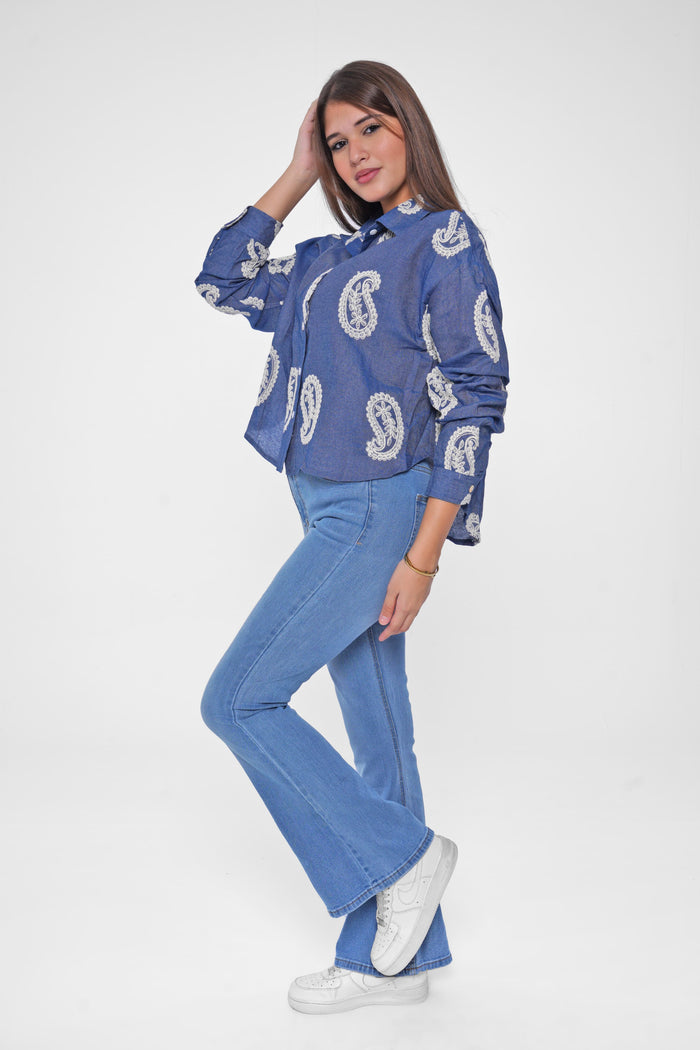Elevate your casual look with the Embroidered Short Denim Shirt