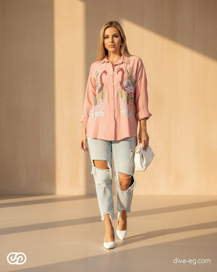 Elevate your casual look with this flamingo embroidered linen Shirt