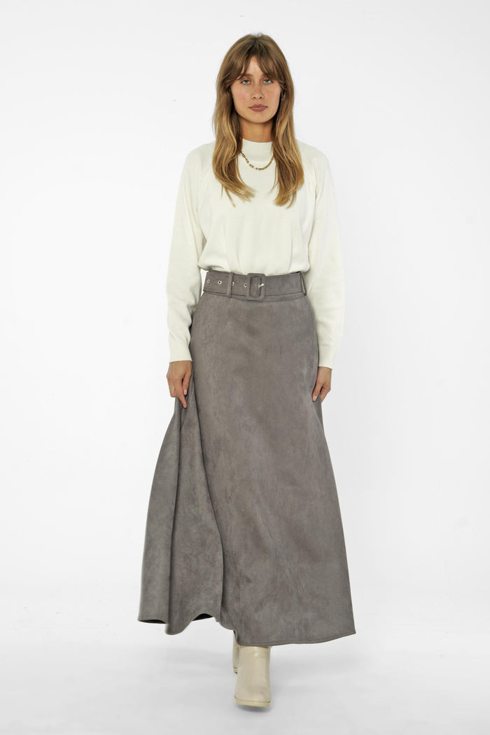 Suede Maxi Skirt with Belt