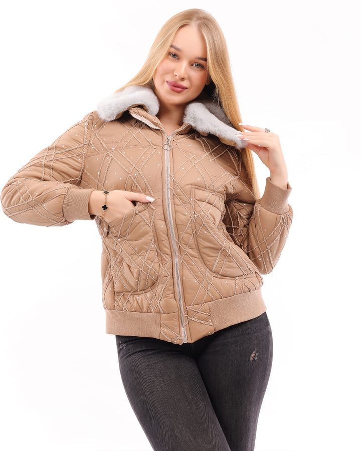 Quilted Bomber Jacket with Faux Fur Collar