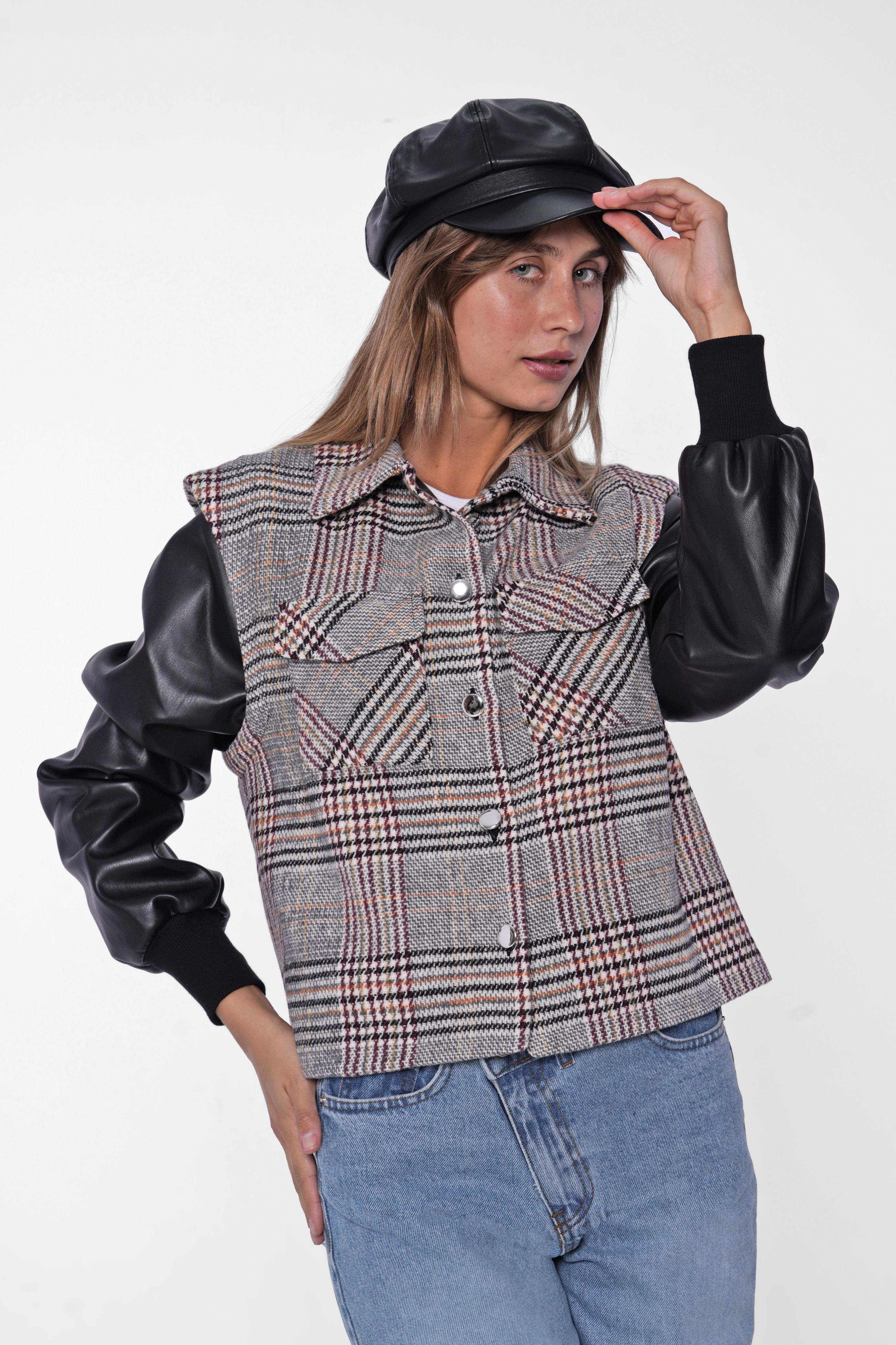 Plaid & Leather Mix Jacket