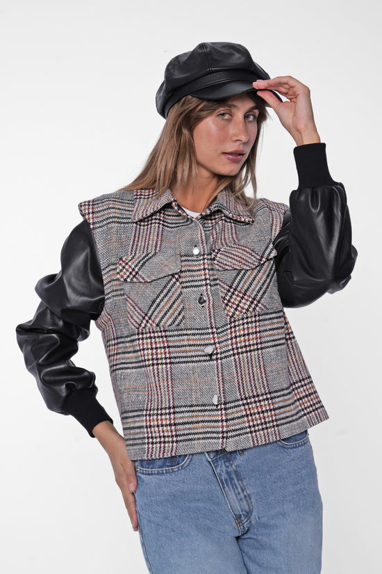 Plaid & Leather Mix Jacket