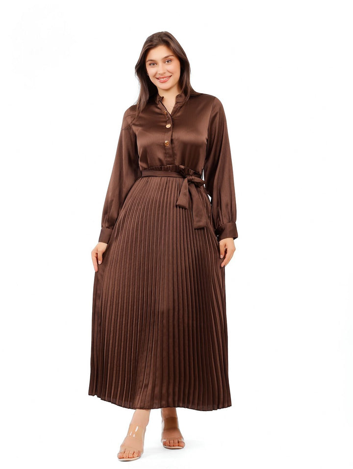 Pleated Satin Long-Sleeve Maxi Dress