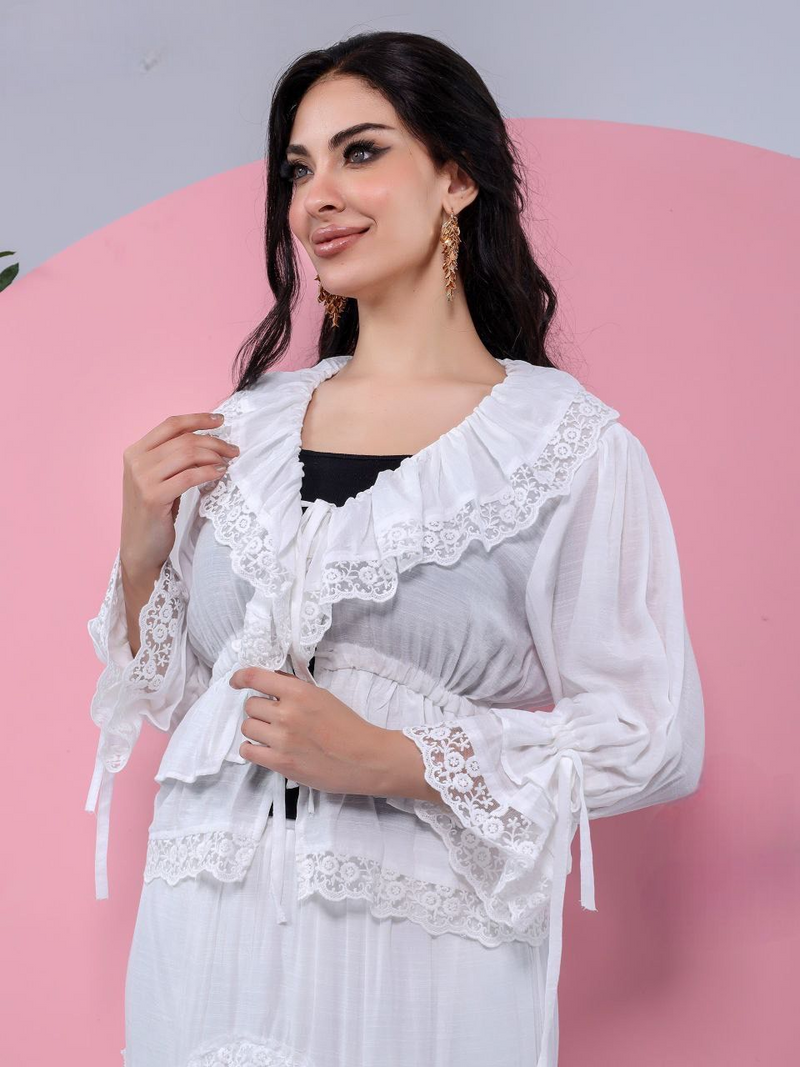 A plain suit with delicate guipure lace details.