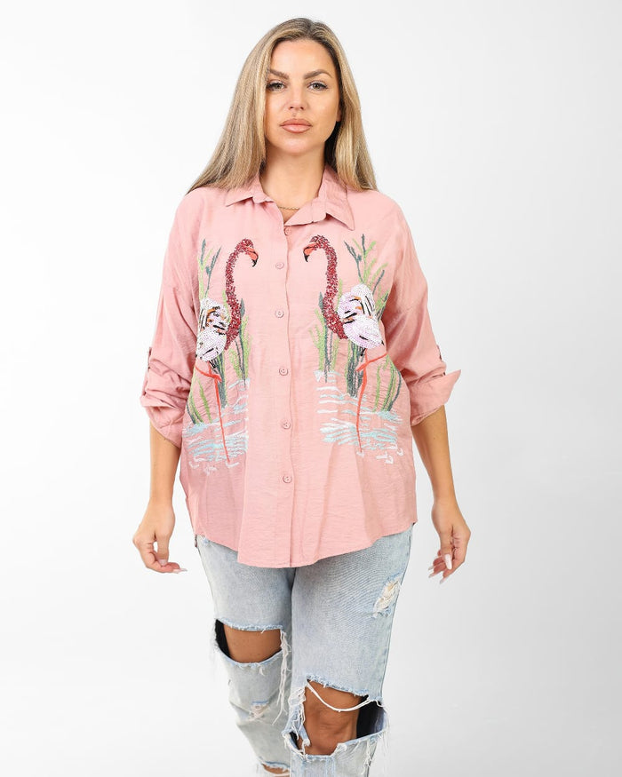 Elevate your casual look with this flamingo embroidered linen Shirt