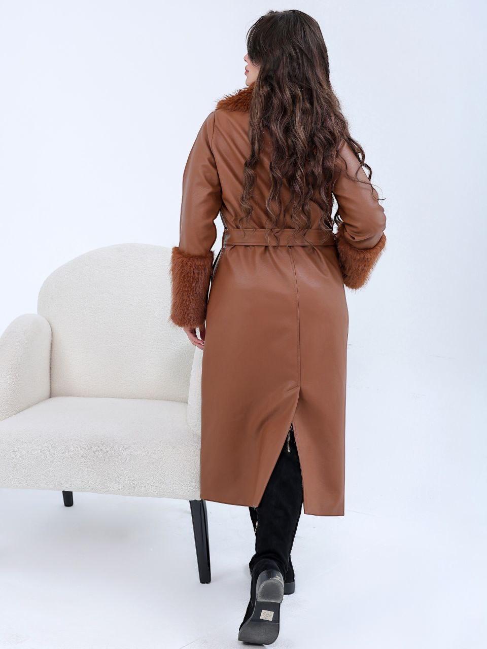 Faux Leather Coat with Fur Collar