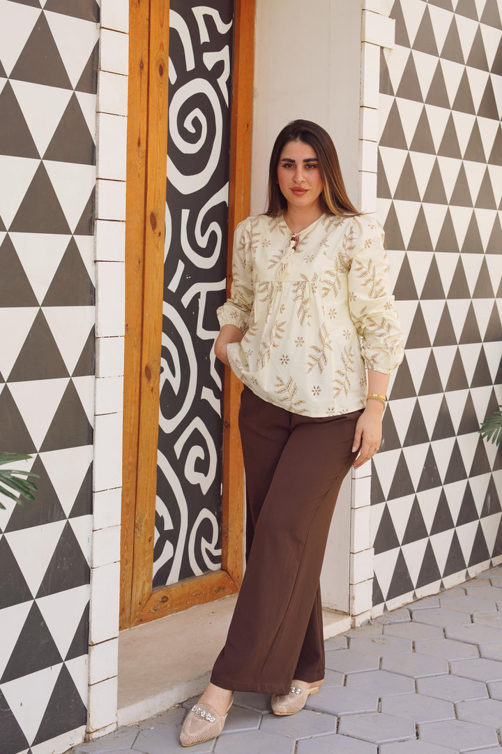 Printed Puff-Sleeve Tassel Blouse