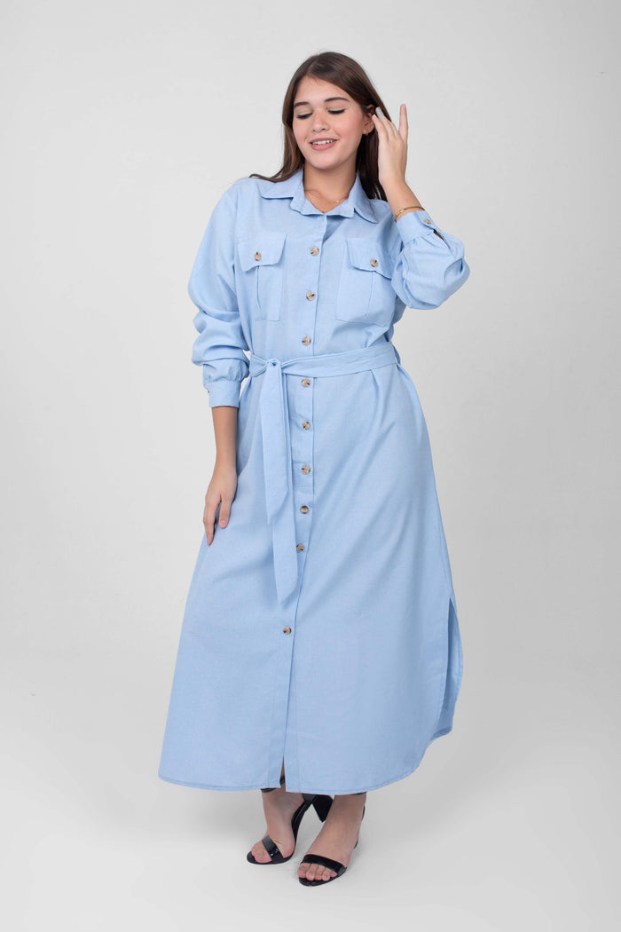 Stay chic and comfortable in this buttoned linen dress