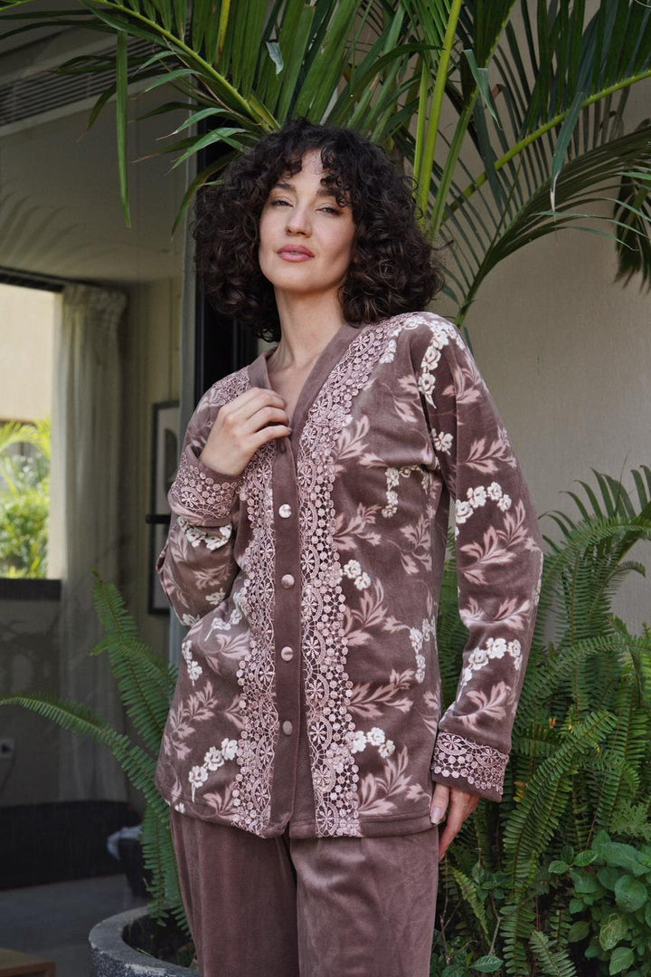 Velvet Floral Embroidered Pajama Set – Brown