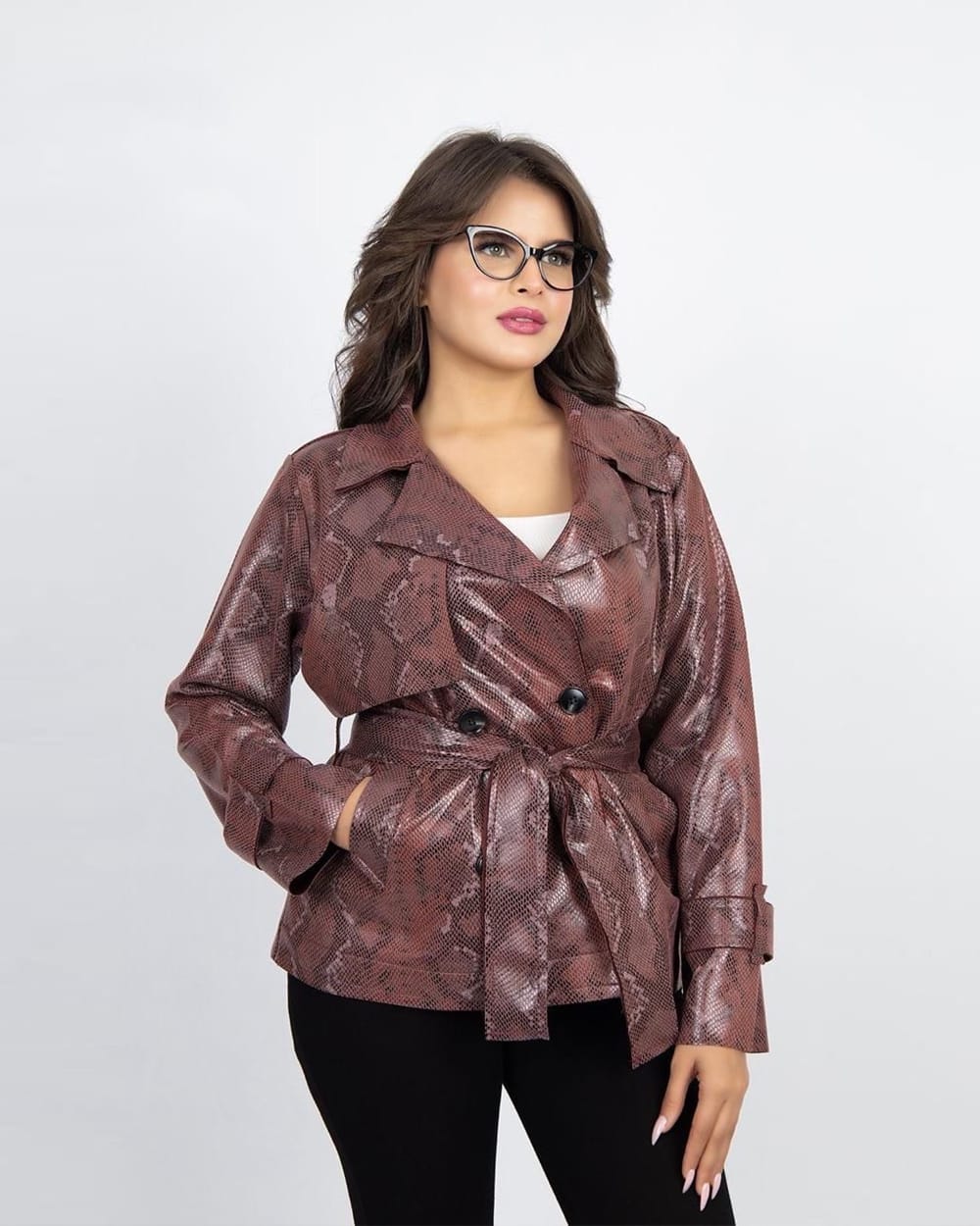 Snake-Print Faux Leather Belted Jacket
