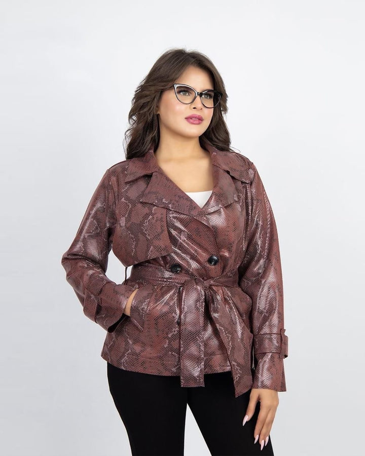 Snake-Print Faux Leather Belted Jacket