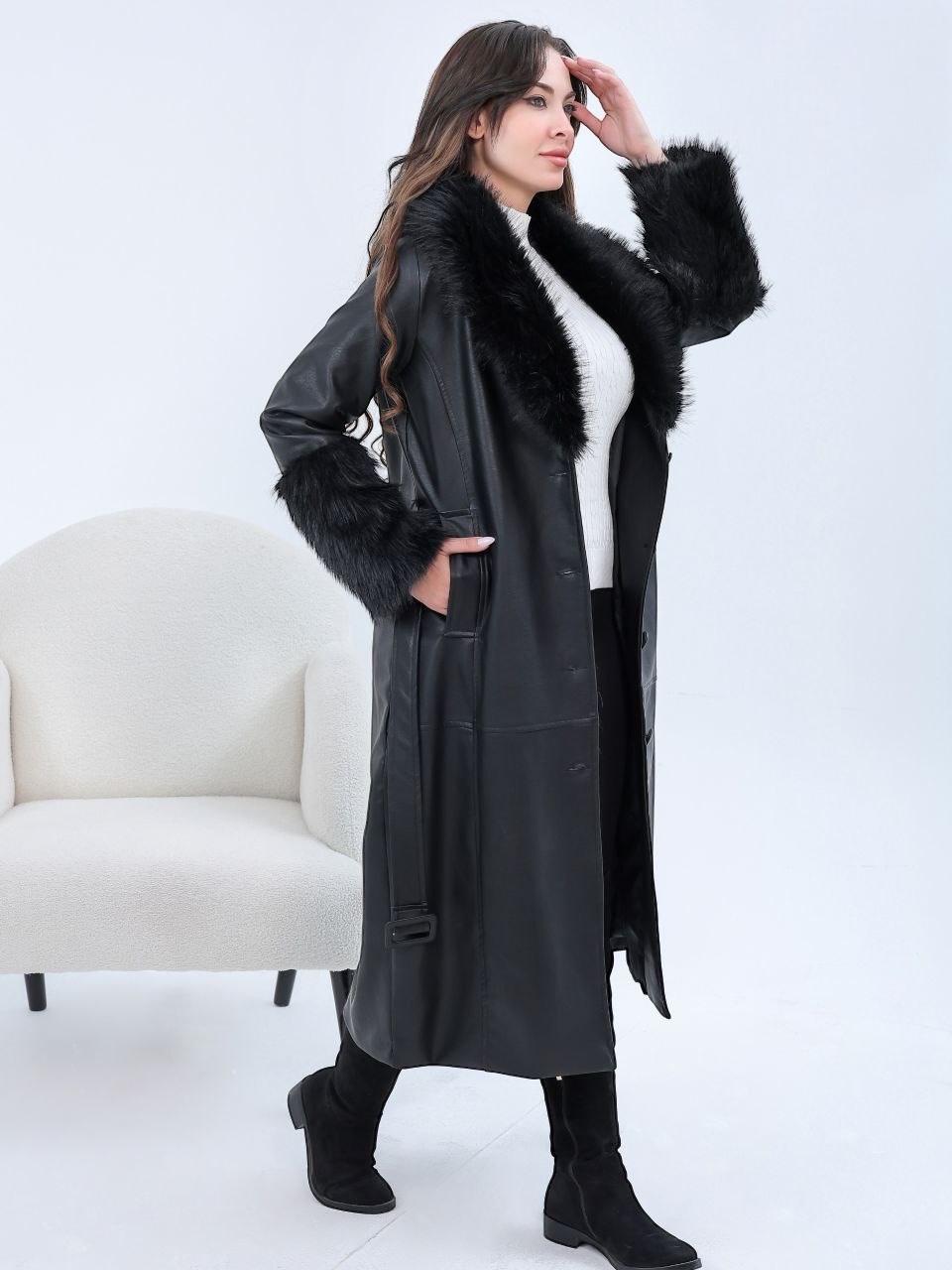 Faux Leather Coat with Fur Collar